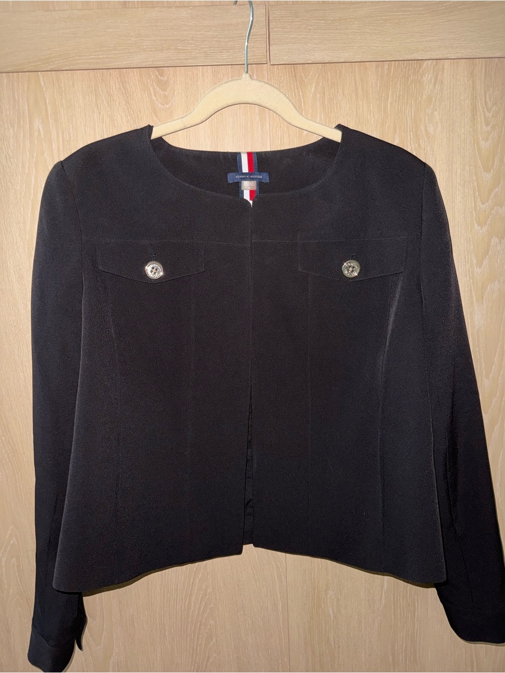 Tommy Hilfiger Women’s Size 14 Black Collarless Jacket Blazer Gold Button Stretc